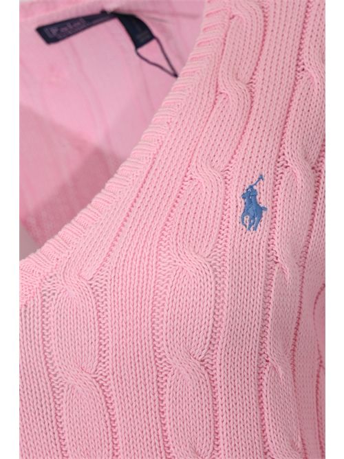 Maglia a trecce in cotone con scollo a V Pink POLO RALPH LAUREN | 211971870006